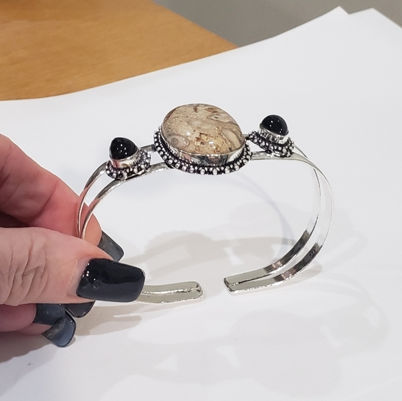 Chalcedony bracelet, 925 silver rock chalcedony black onyx adjustable bangle - Picture 10 of 15